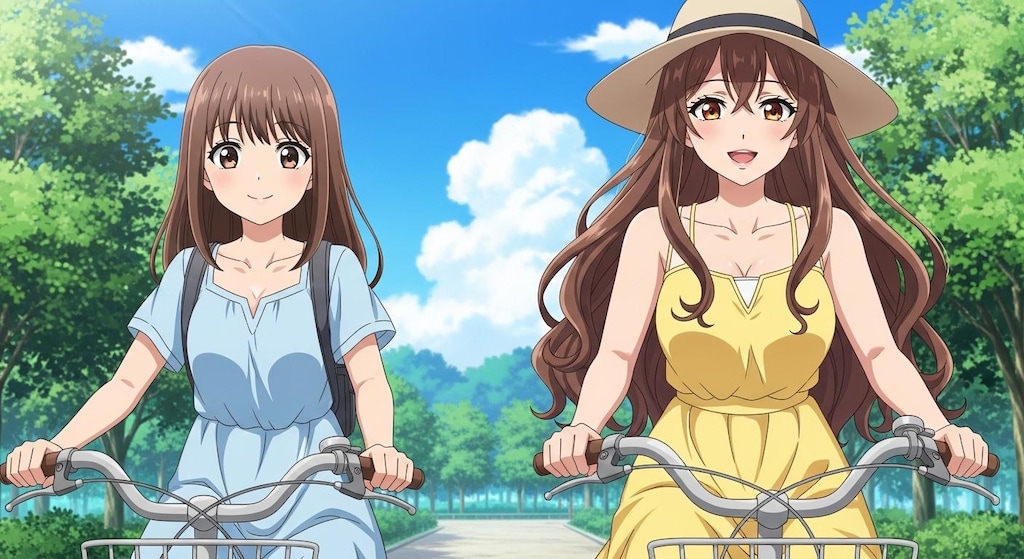 自転車に乗る母娘