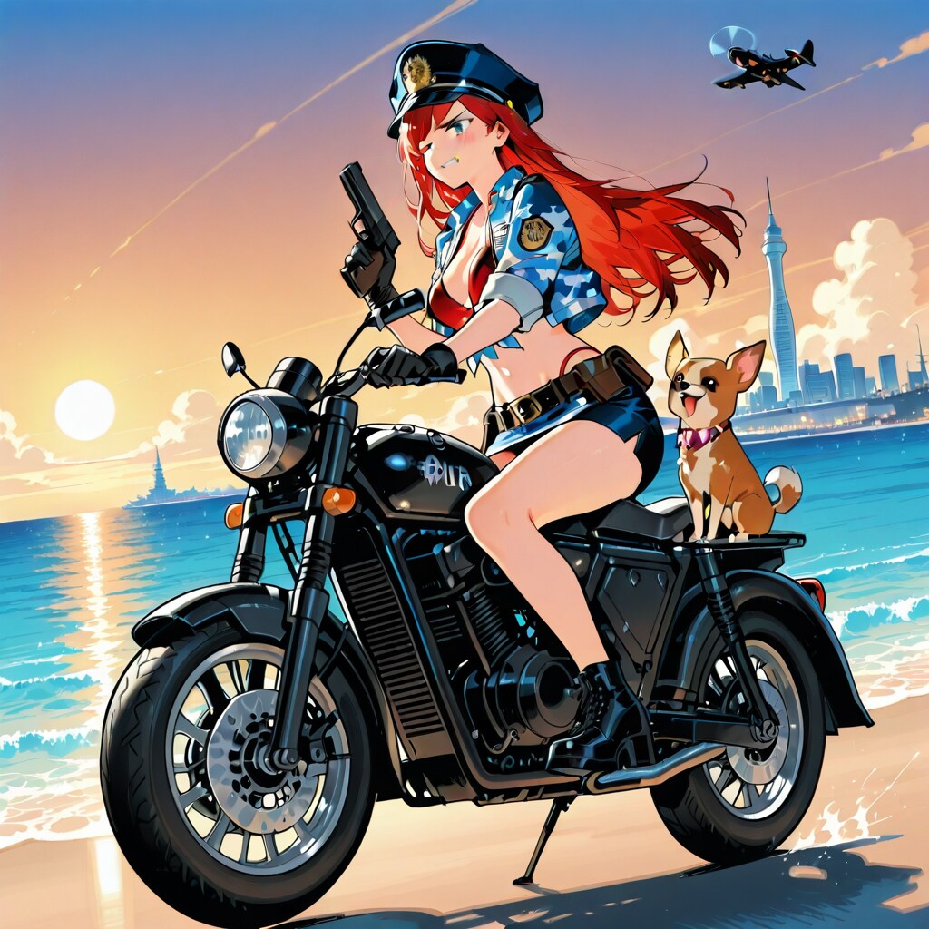 止まったバイクにそれらしく乗ってポーズを決める近未来の警察系女子