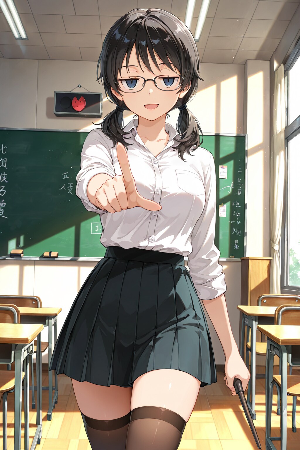 黒髪ツインテのコスプレをしたジト目先生