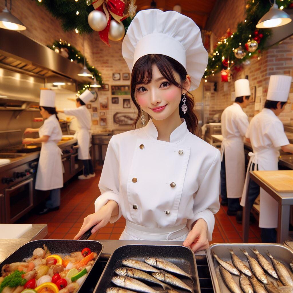 クリスマス料理を調理中のシェフ