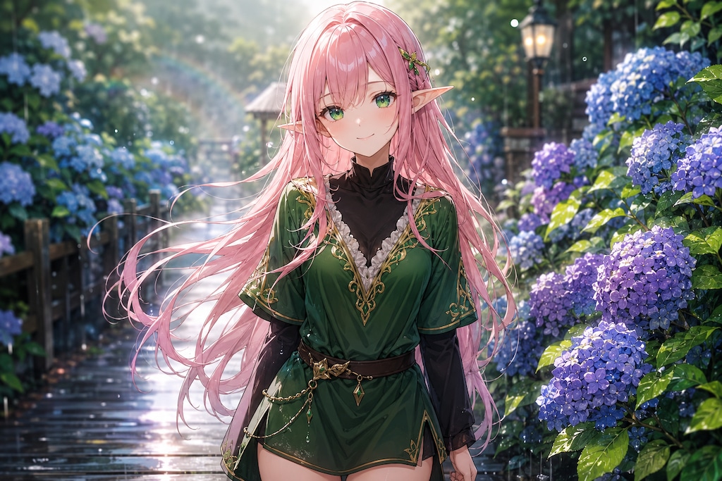 雨上がりのアジサイとエルフちゃん
