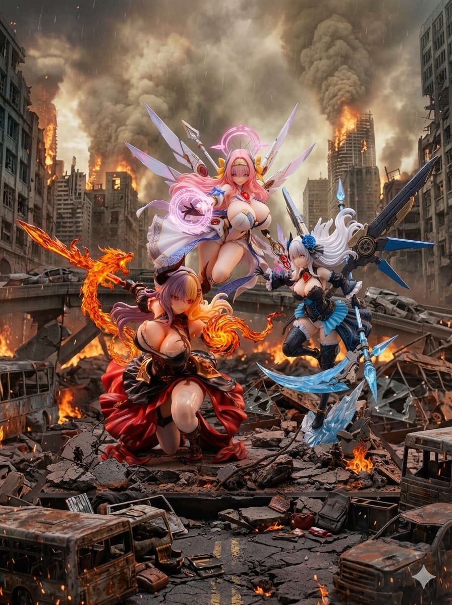 異世界制服少女達　 メカ娘の魔法少女アークと魔王ルリと レッドゴスロリ魔王付きドラゴン娘 | の人気AIイラスト・グラビア