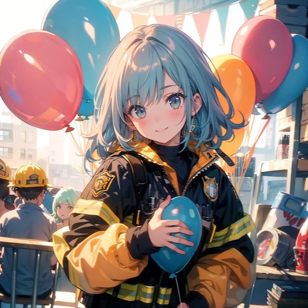 いっぱい色とりどりの風船を持つ水色髪ロングの消防士の美女 | の人気AIイラスト・グラビア