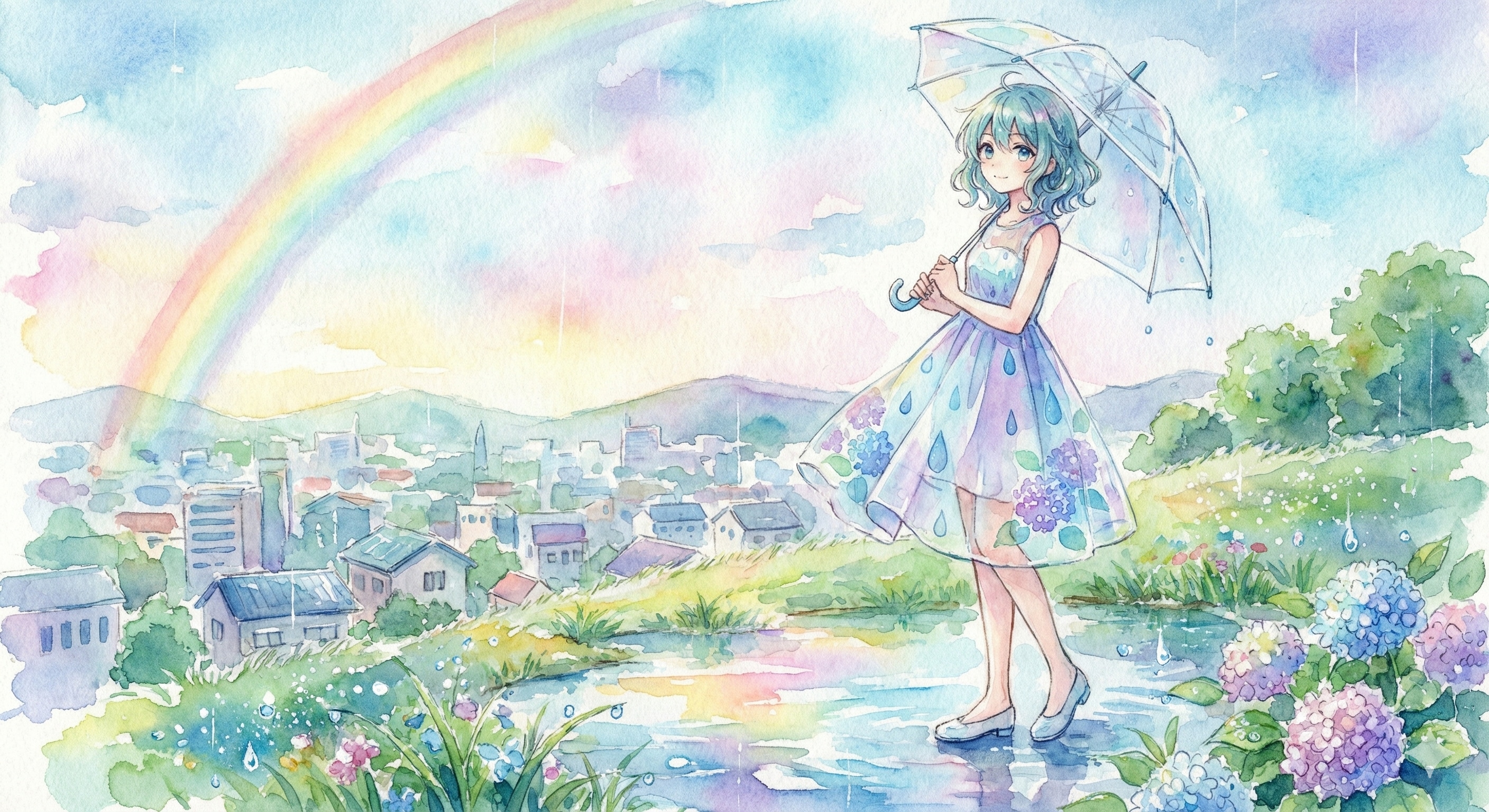 水彩画ミクさん　きらめく水鏡の街を見下ろして | の人気AIイラスト・グラビア