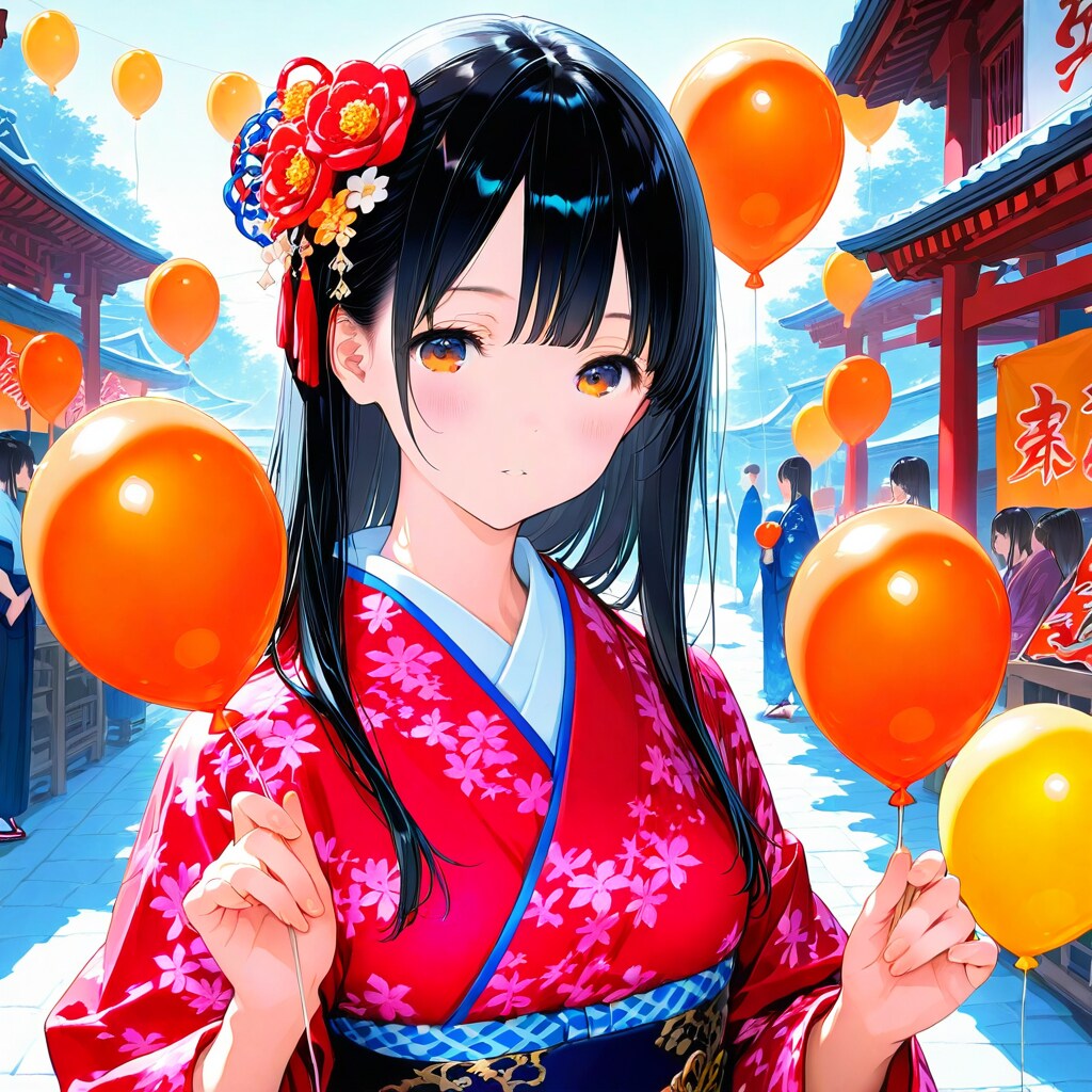 夏祭りでいっぱい風船を持つ黒髪ロングの着物美女。 | の人気AIイラスト・グラビア