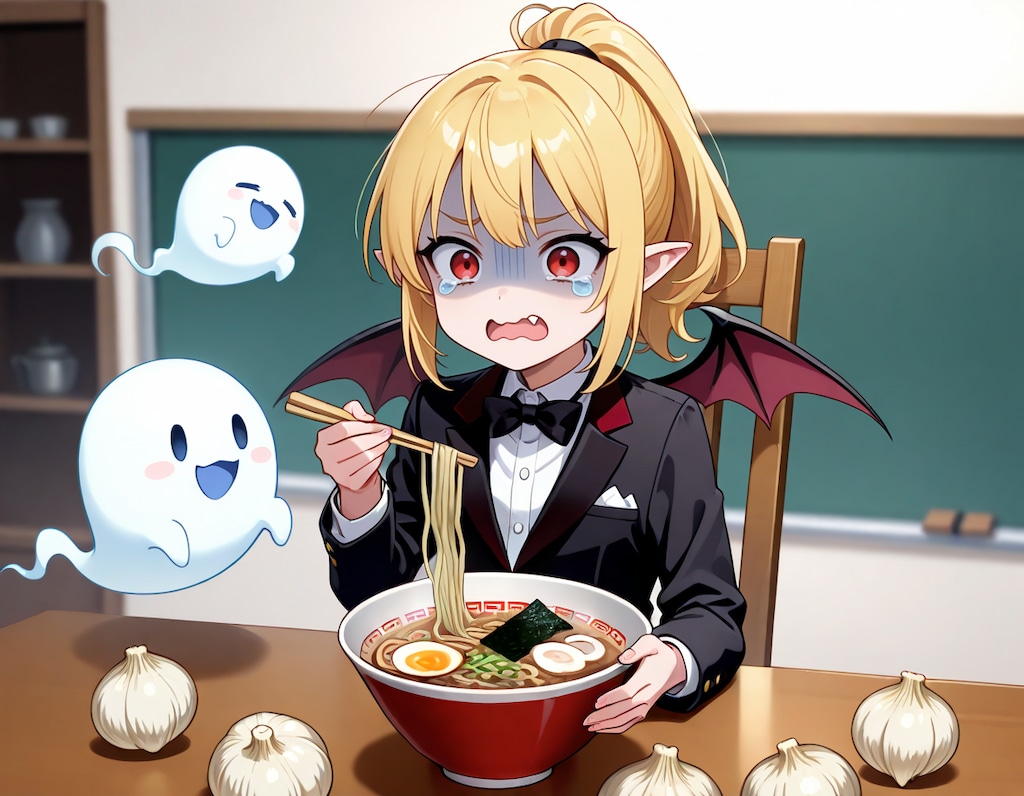 大蒜羅ラーメンに挑むヴァンパイア嬢