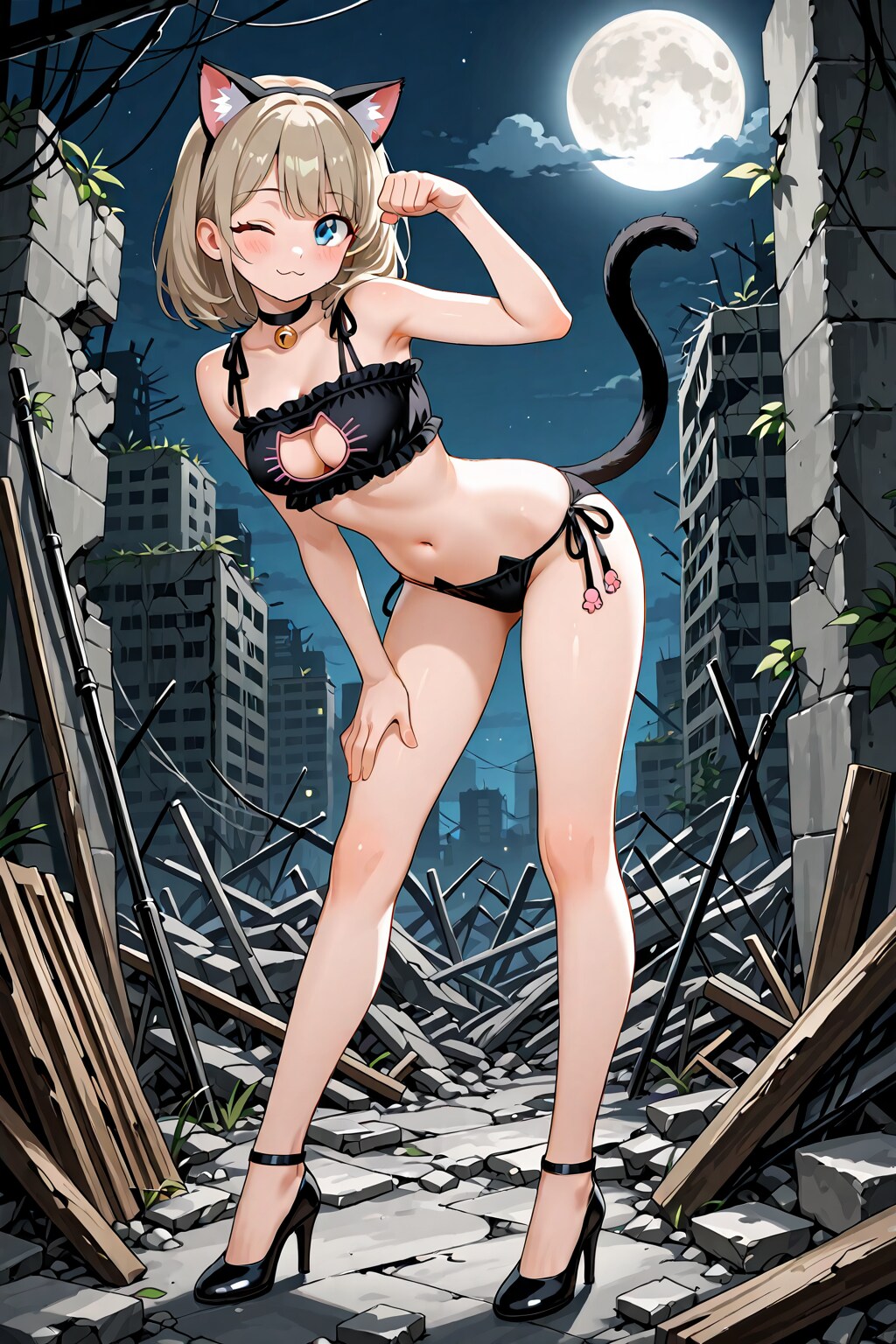 夜の廃墟と猫耳少女
