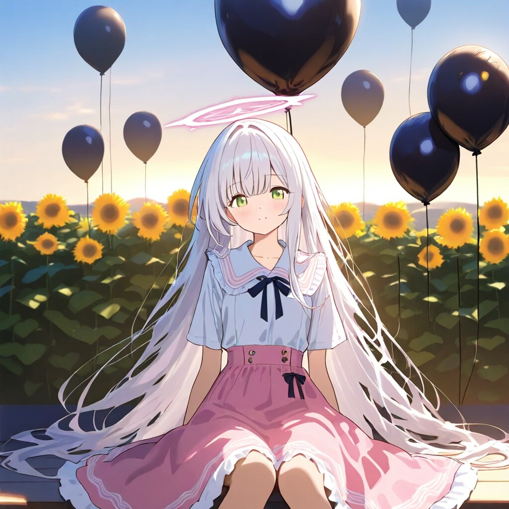 黒い風船を持つ白い髪ロングの天使