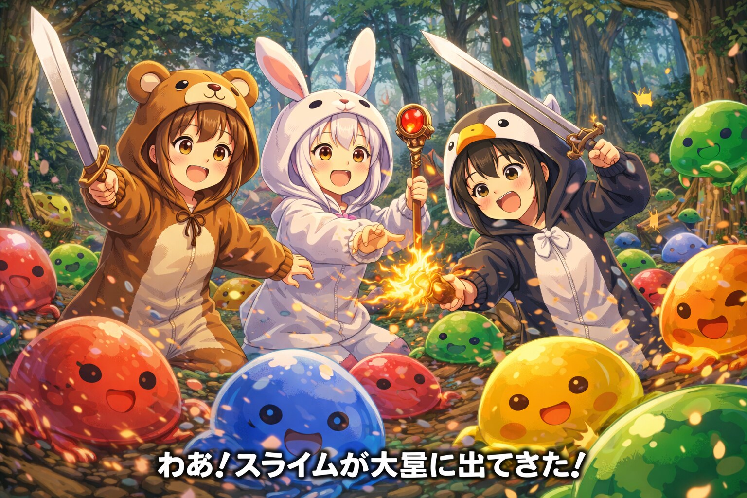 【All0420c】突然、様々な色のスライムが大量に現れて激しい戦闘となった！（モデル: ChatGPT） | の人気AIイラスト・グラビア