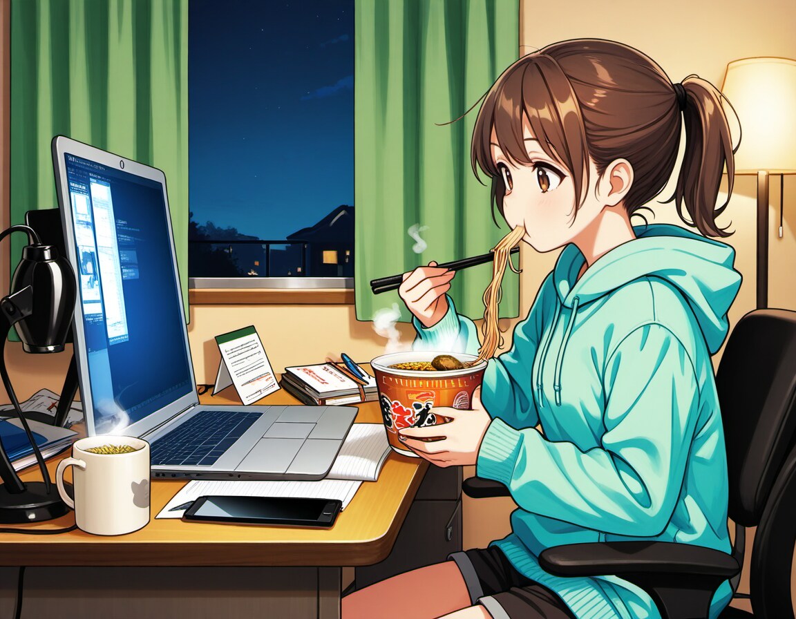 夜食と追い込み-試験前夜の静かな闘い | の人気AIイラスト・グラビア