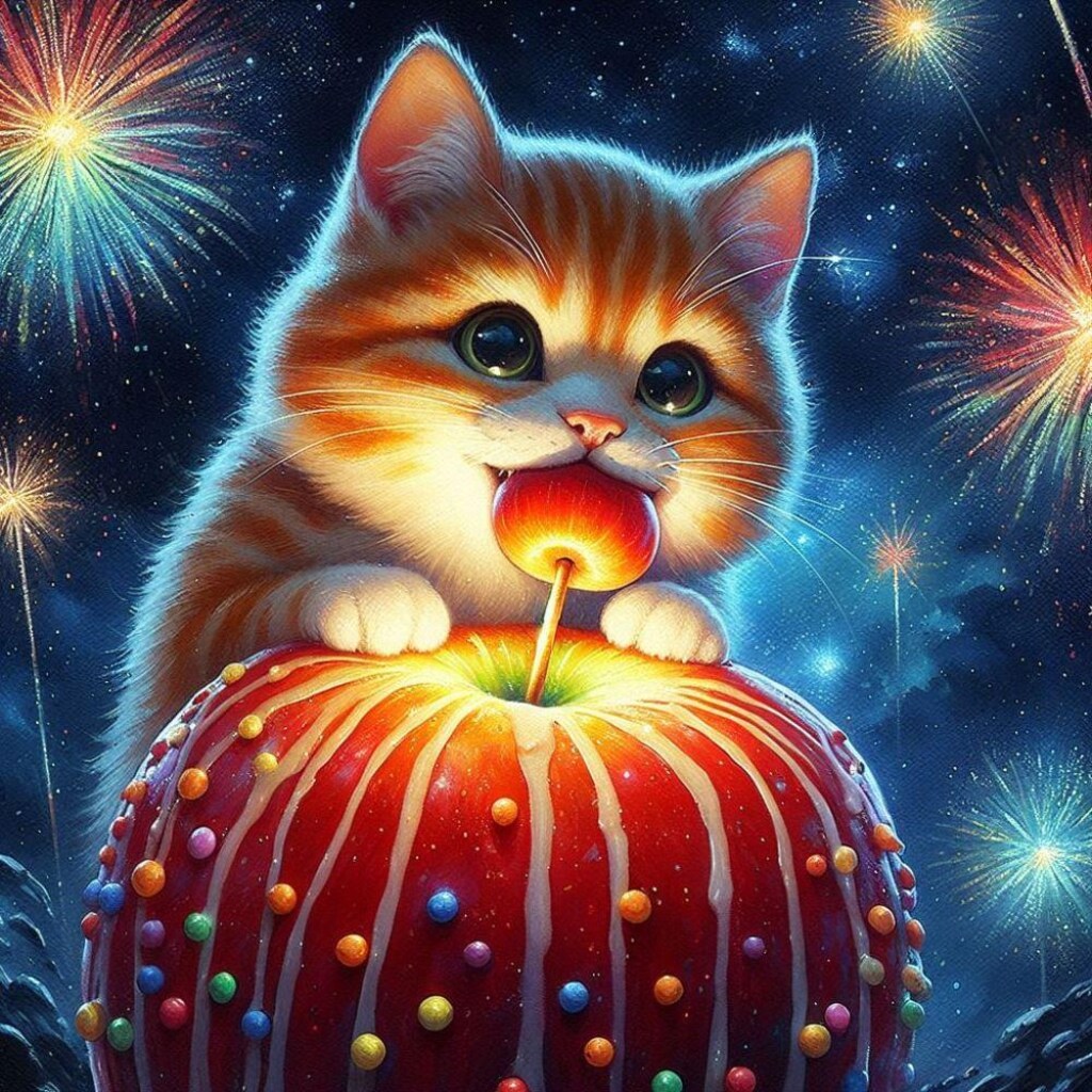 アニメ＆油絵風ファンタジー、花火祭りの夜りんご飴を舐める猫