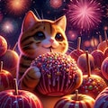 アニメ＆油絵風ファンタジー、花火祭りの夜りんご飴を舐める猫 7枚目