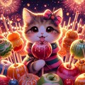 アニメ＆油絵風ファンタジー、花火祭りの夜りんご飴を舐める猫 3枚目