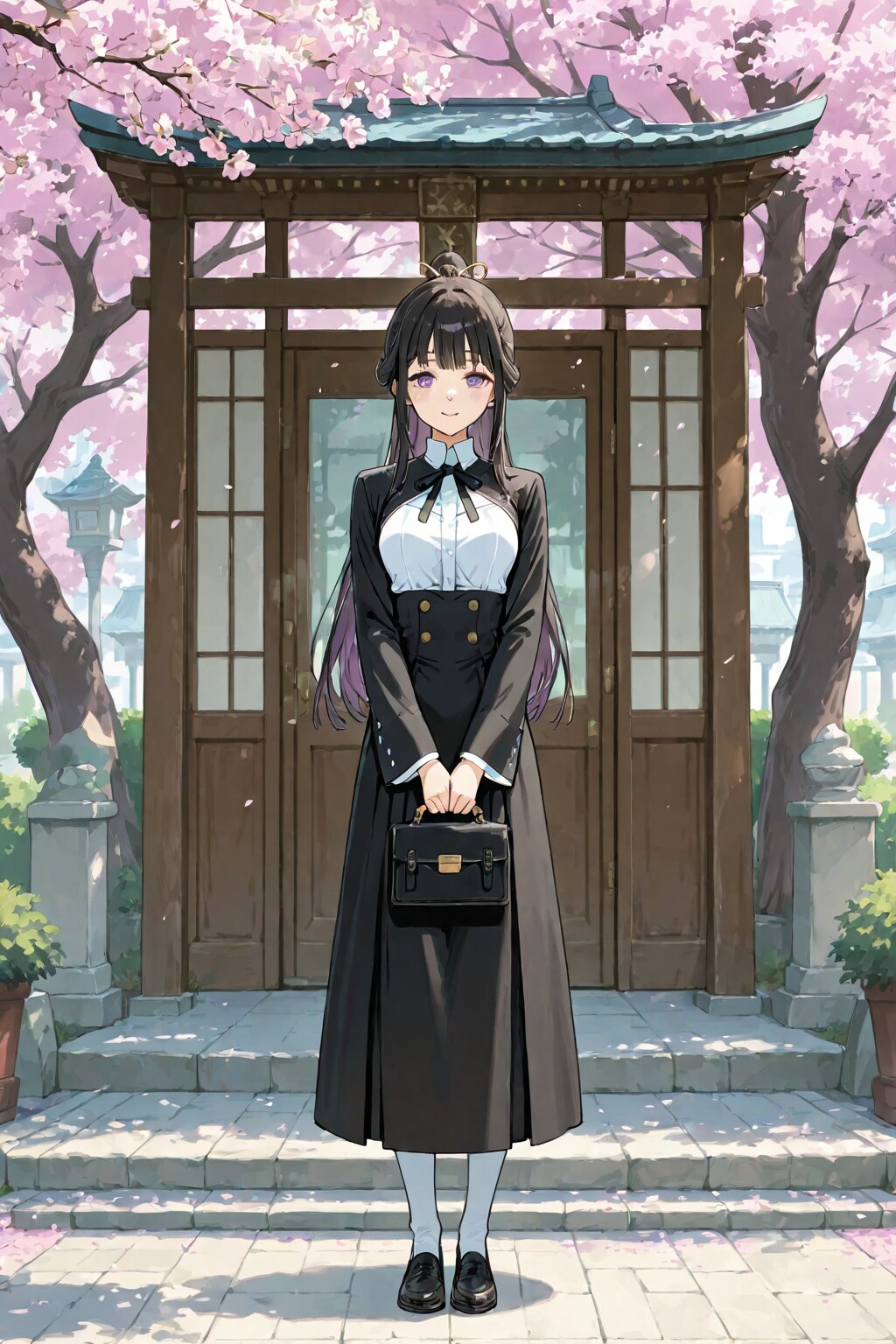 「ちちぷい学園入学式を桜の木の陰から観ている少女」の全身写真 | の人気AIイラスト・グラビア