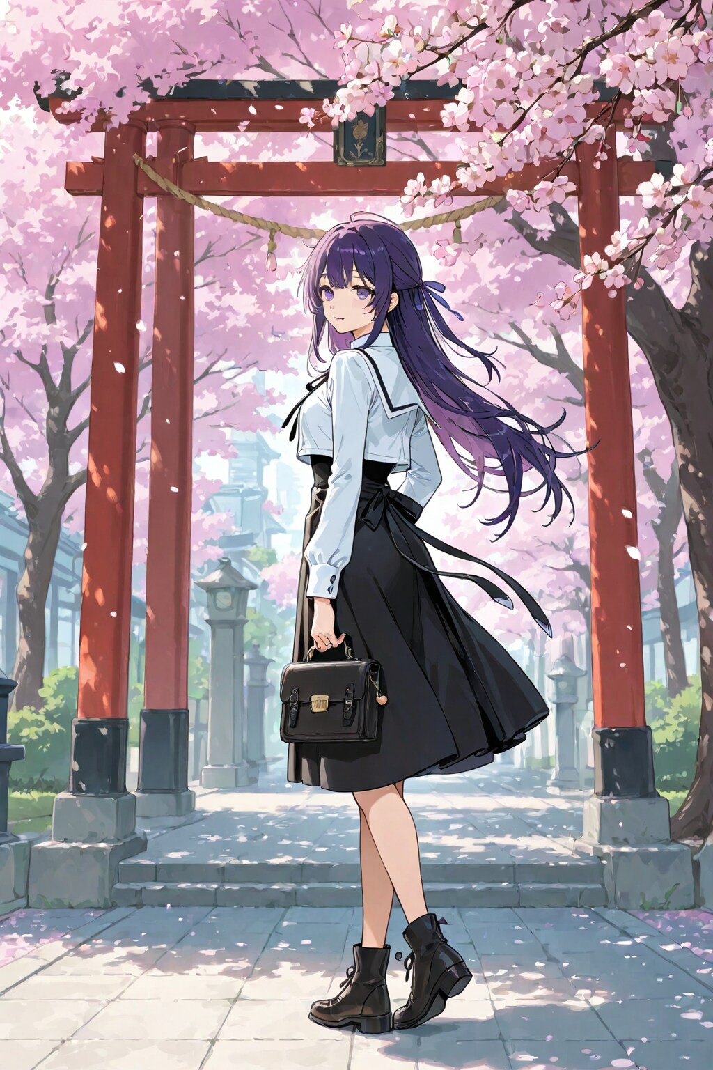 「ちちぷい学園入学式を桜の木の陰から観ている少女」の全身写真