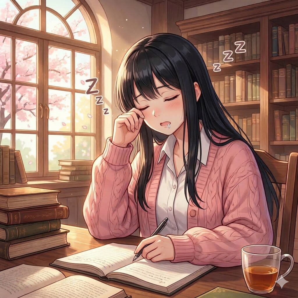 萩原葵さん図書館でウトウト