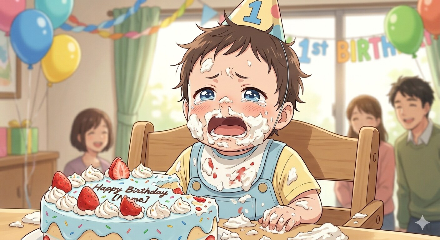 親「顔面でケーキを食べれて良かったね♪」