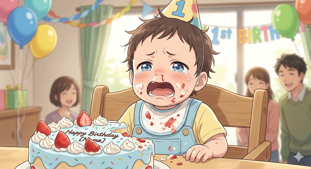 親「顔面でケーキを食べれて良かったね♪」