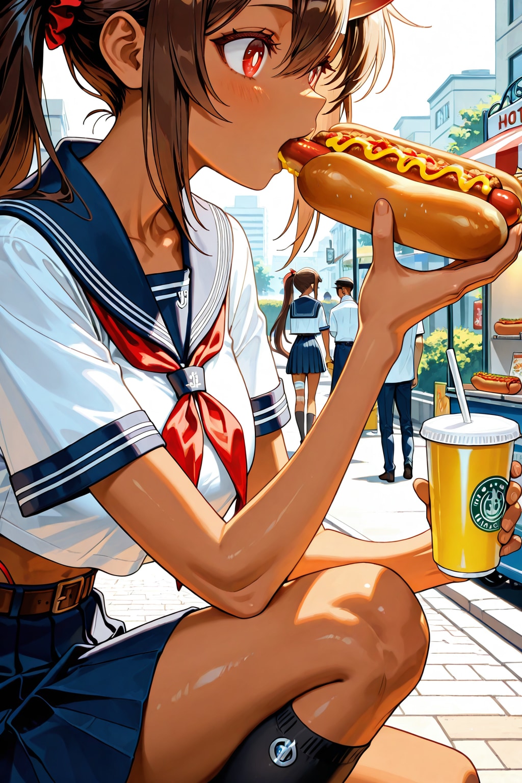 ホットドッグを食べている鬼の子