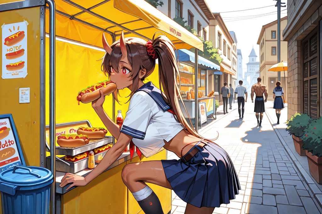 ホットドッグを食べている鬼の子