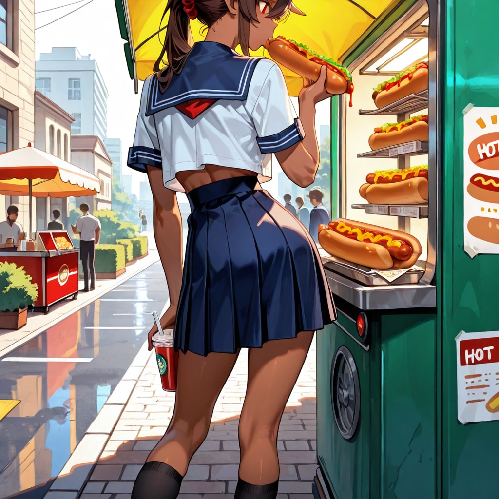 ホットドッグを食べている鬼の子