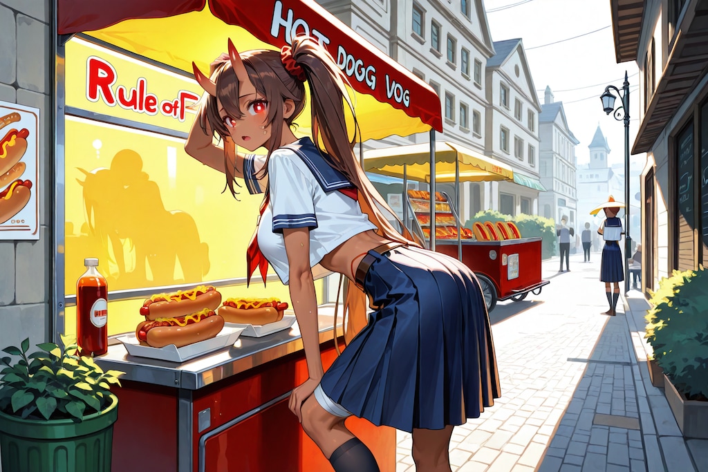 ホットドッグを食べている鬼の子