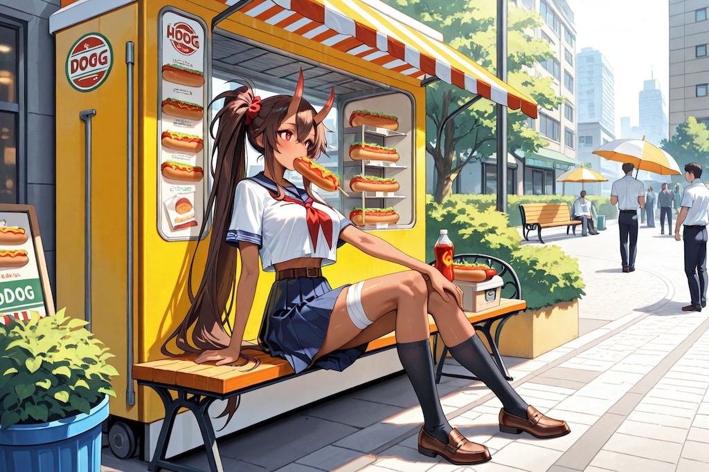 ホットドッグを食べている鬼の子