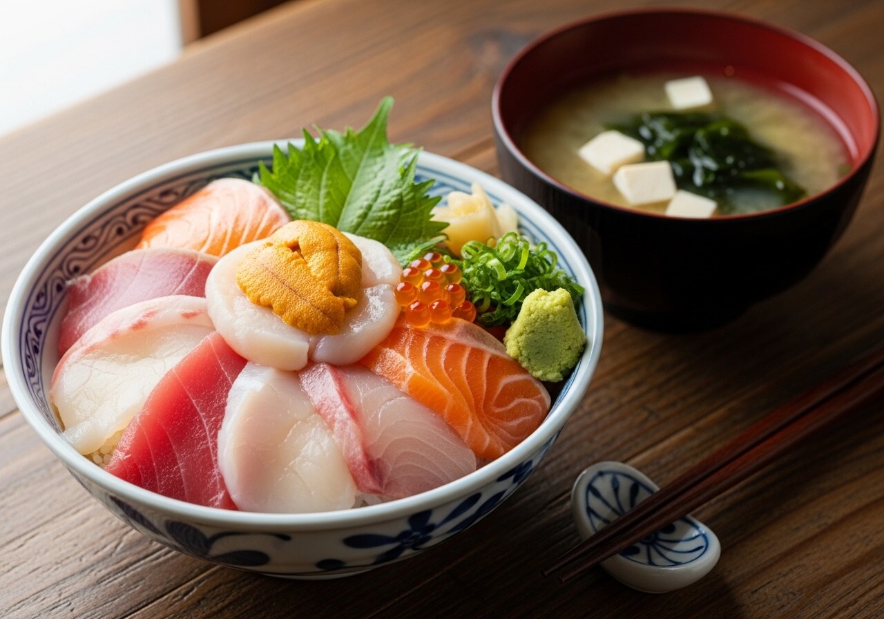 摩訶不思議食堂の海鮮丼と味噌汁のセット | の人気AIイラスト・グラビア