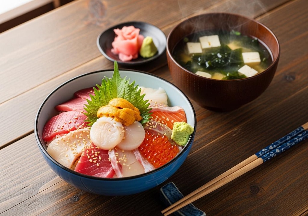 摩訶不思議食堂の海鮮丼と味噌汁のセット