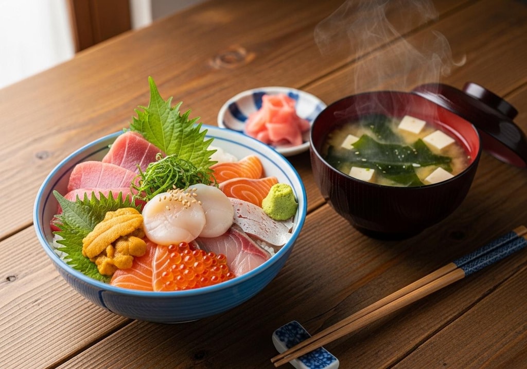 摩訶不思議食堂の海鮮丼と味噌汁のセット