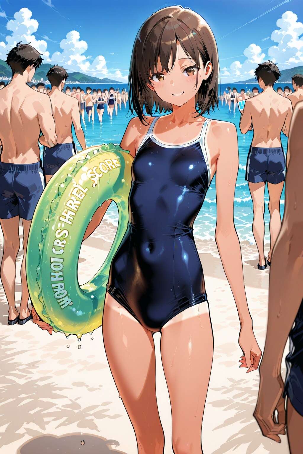学校の水着で海水浴