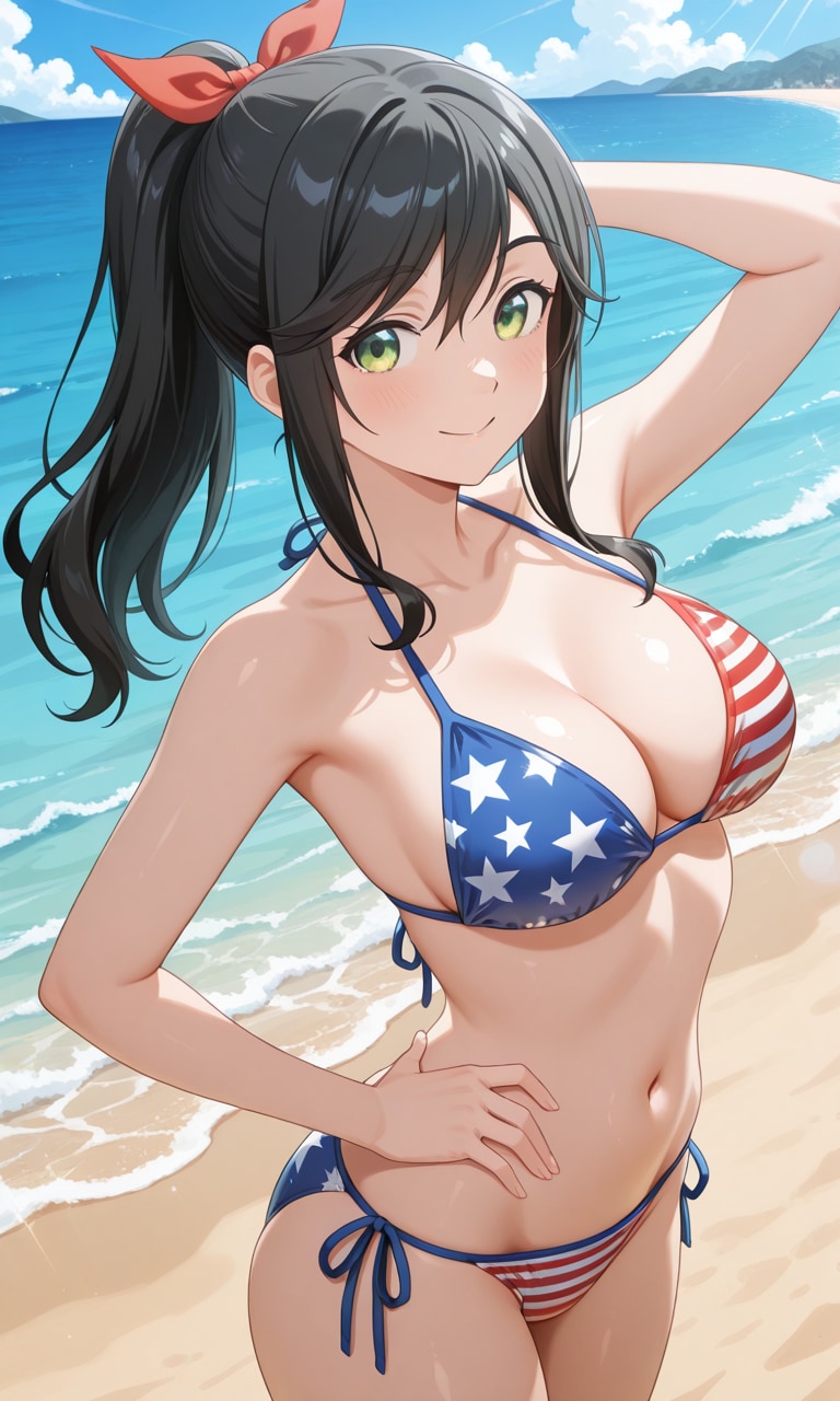 PixAIで星条旗ビキニ姿の金目綿花奈🇺🇸👙❤️