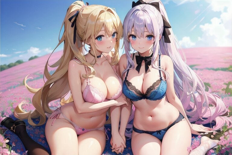 下着姿の金髪少女と銀髪少女。