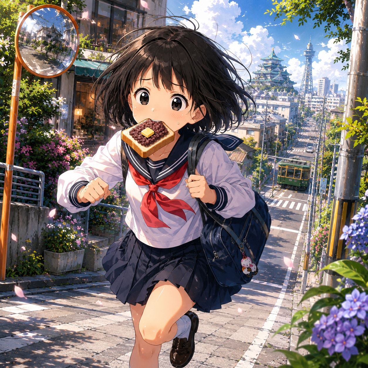 「いっけな〜い！遅刻，遅刻」と考えながら走っている女の子