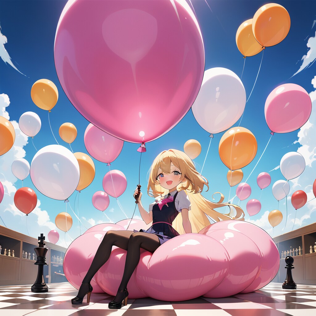 チェス盤の部屋の中でピンクの巨大風船を膨らませるブロンド美少女 | の人気AIイラスト・グラビア