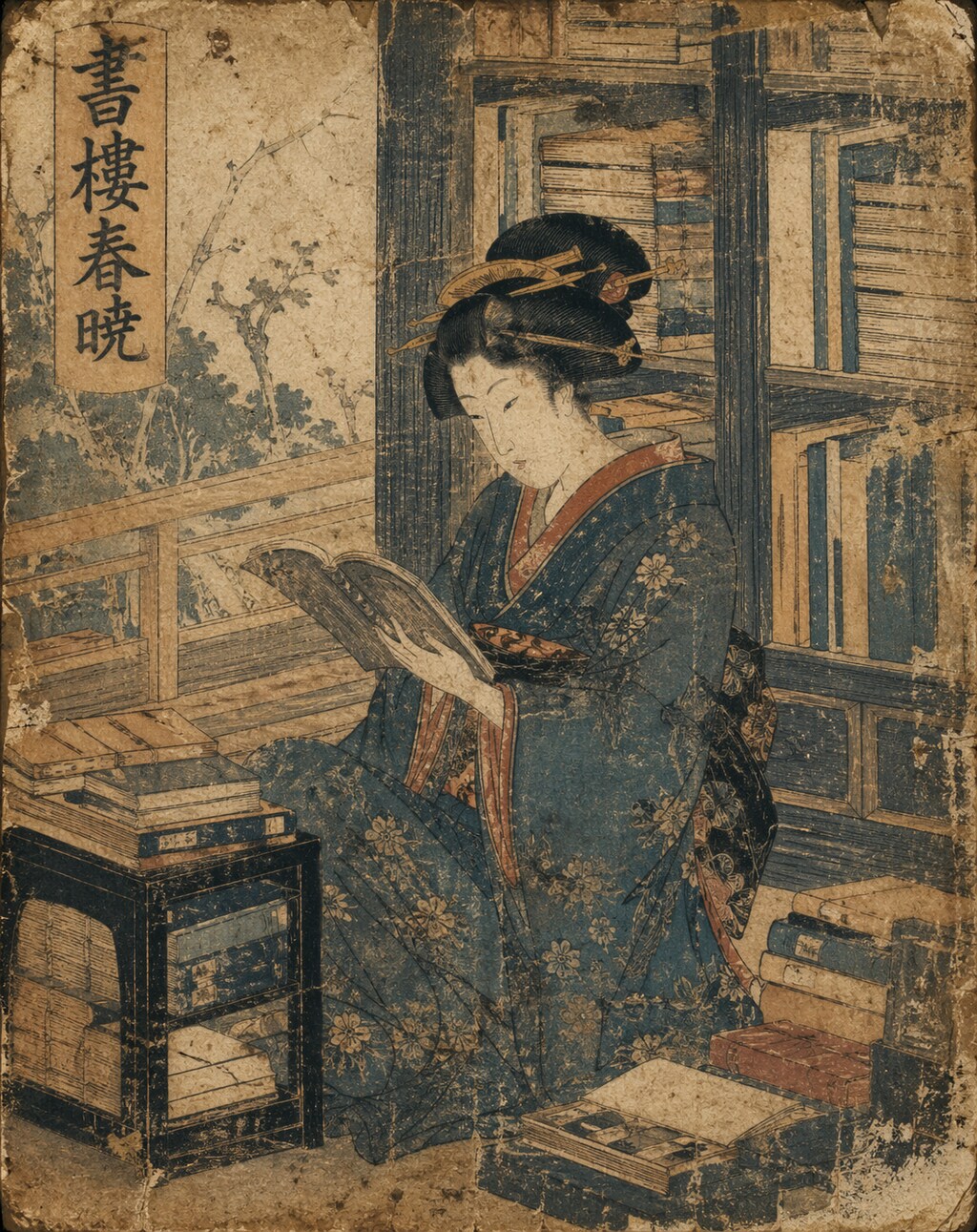 江戸時代の図書館で勉学に励む