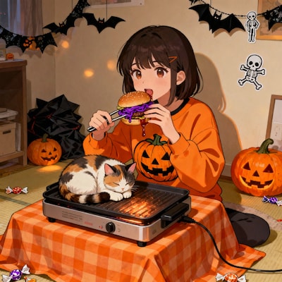なんか色々トンデモネェハンバーガー食べてるハロウィン気分の少女とヤベェことになってるのに熟睡中の猫