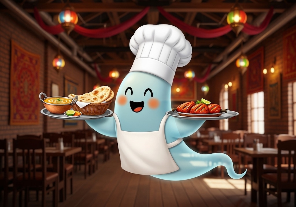 カレーとナンとタンドリーチキンを運ぶお化けシェフ