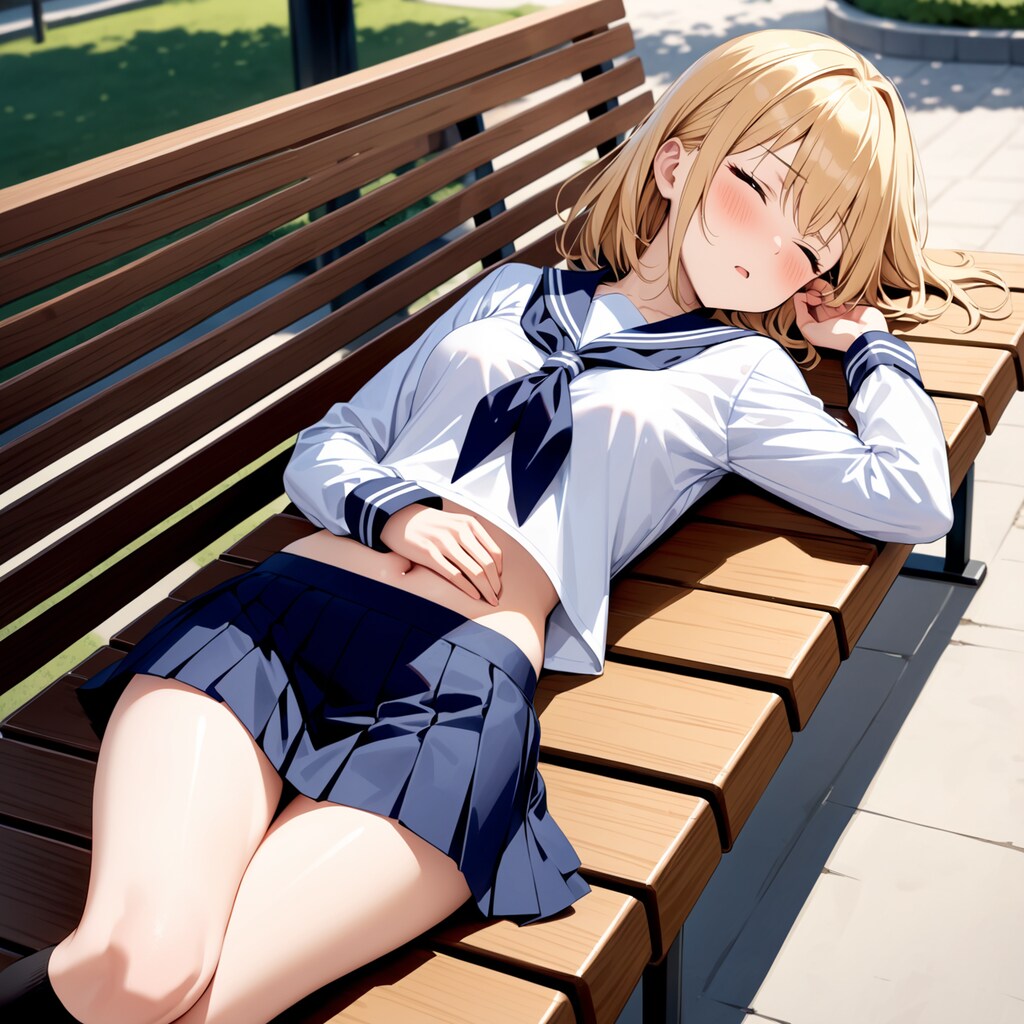 公園のベンチでお腹を出して寝る女の子