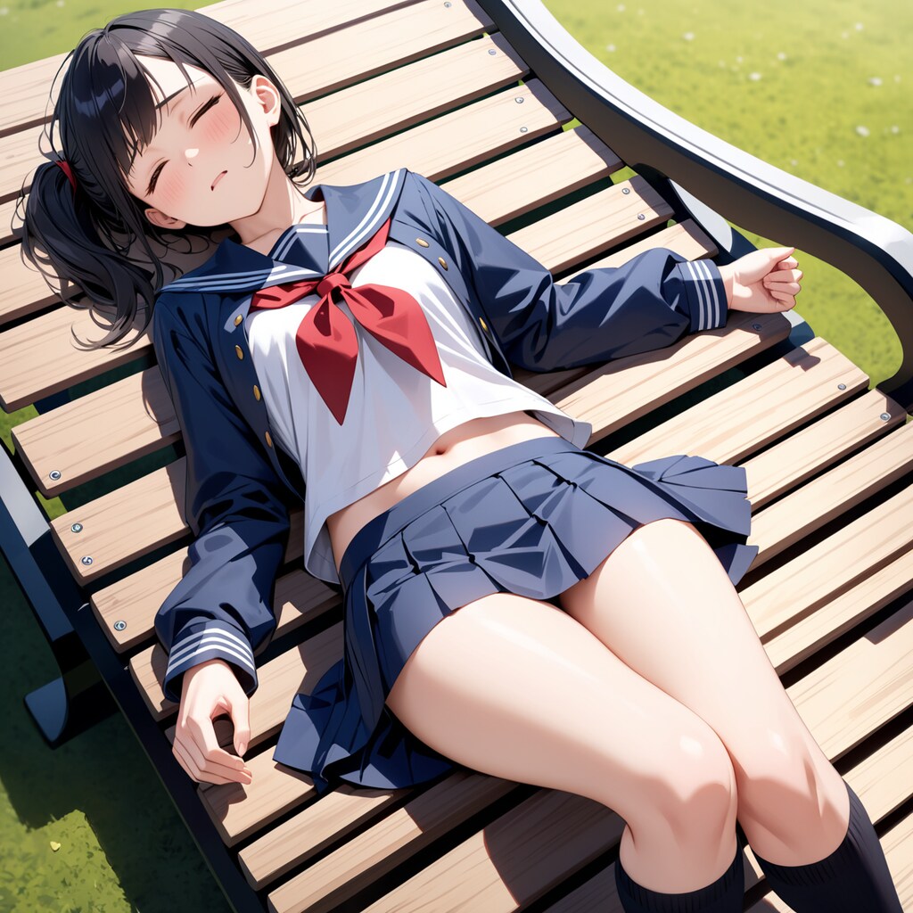 公園のベンチでお腹を出して寝る女の子