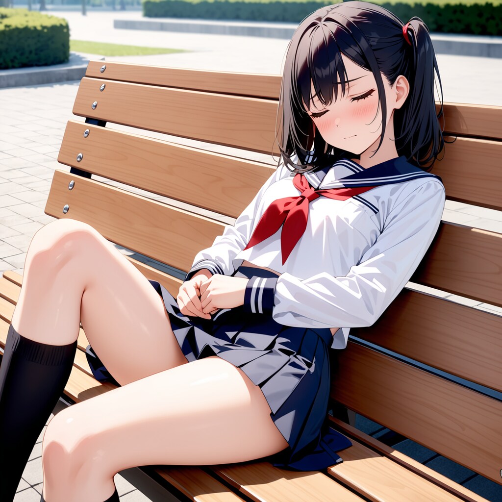 公園のベンチでお腹を出して寝る女の子