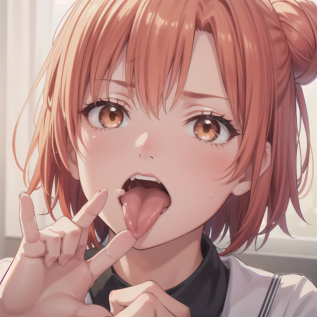 茶髪シニヨンの舌出し少女