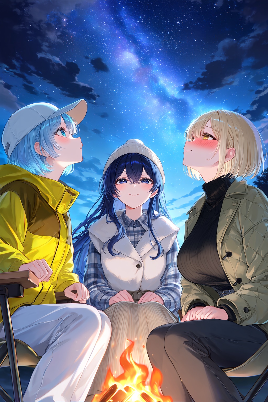 語らう3人と星空