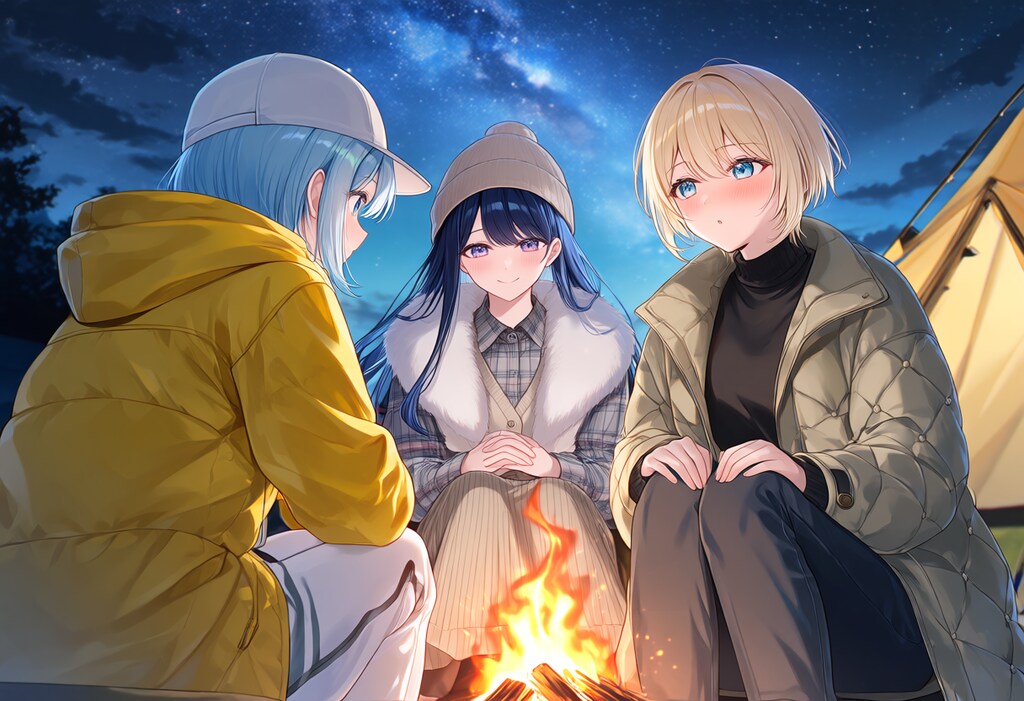 語らう3人と星空