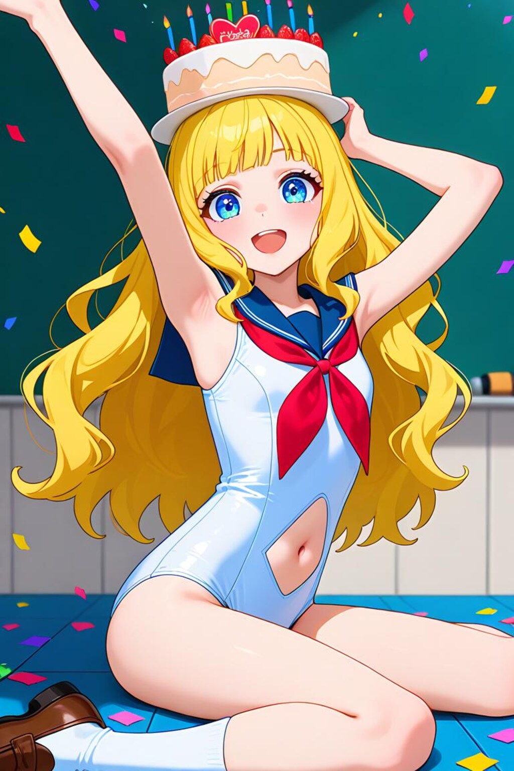 ヘソ出し白スク水でお祝い