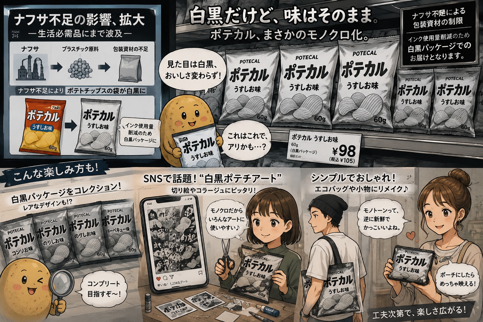 《ナフサ不足の副産物が派生した！だが、しかし味はそのまま、美味しいまま！どうなるナフサ！？どうなるポテチ！？　　　次回、ポテチじゃがいものお菓子の美味しさは変わらない！ポテチの美味さは守らねば！！》