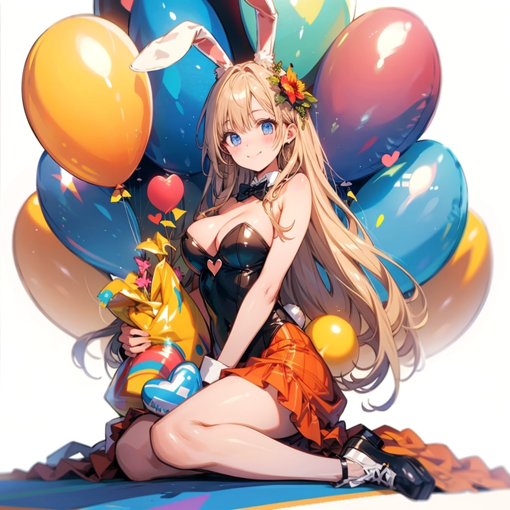 いっぱい色とりどりの風船を持つブロンドロングのバニーガール衣装着た美女