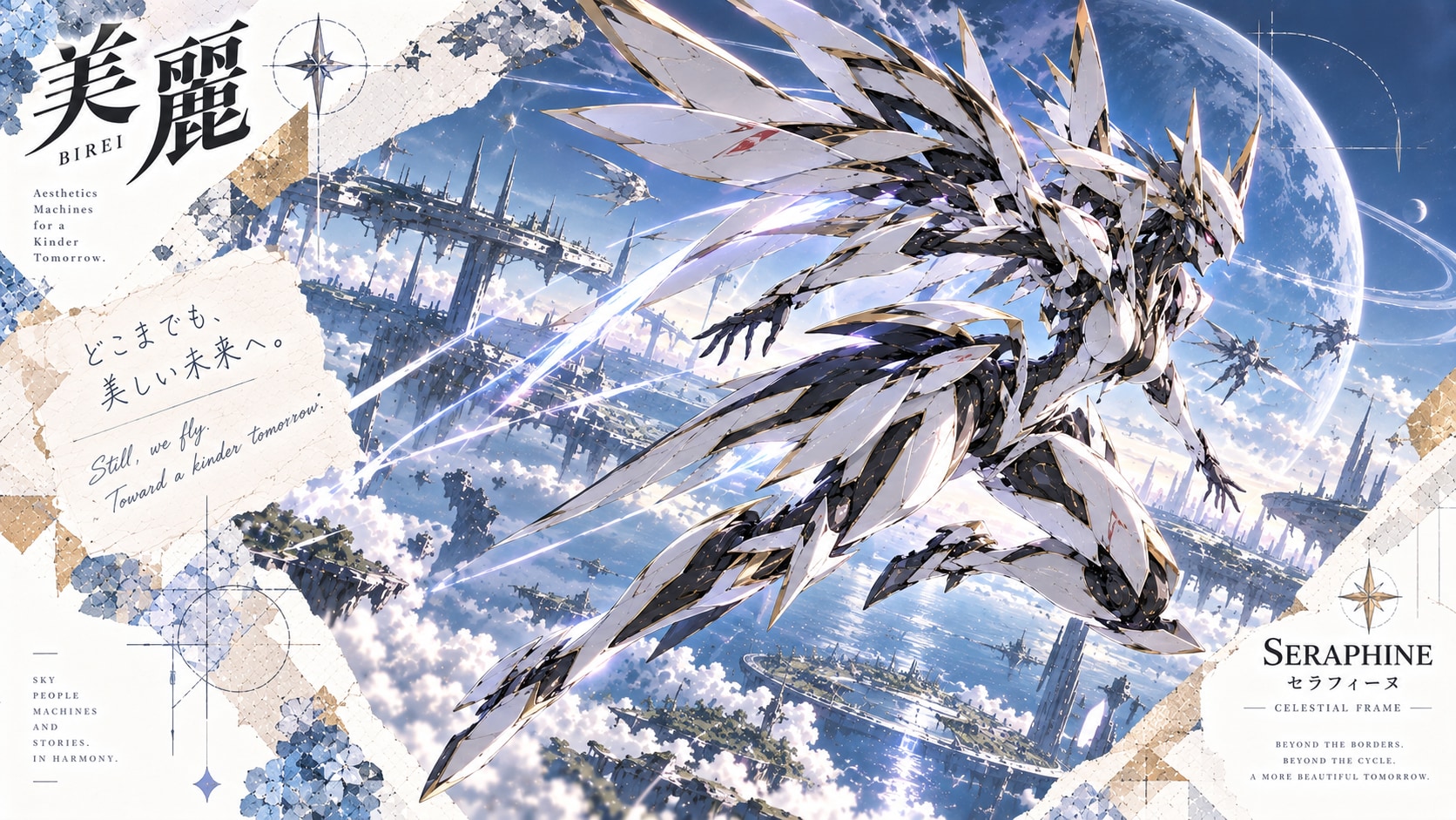 A blade-winged guardian tearing through the sky above a floating city, a ringed planet watching from | の人気AIイラスト・グラビア