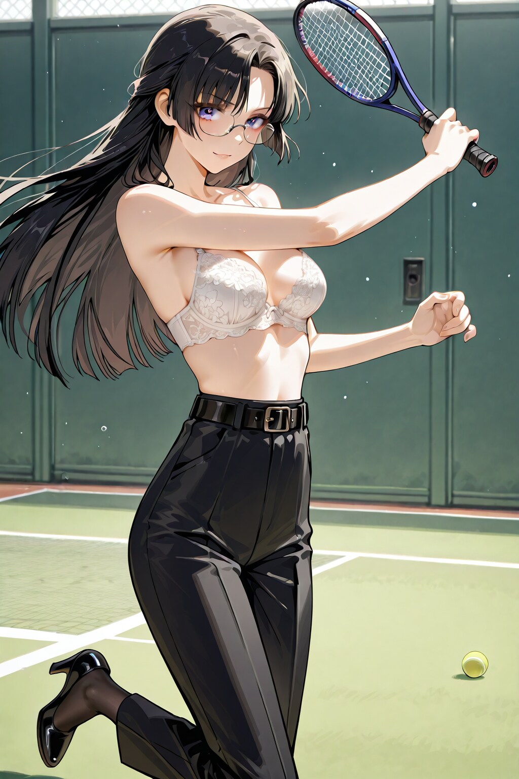 ブラ姿の美女の純白レースブラジャーテニス