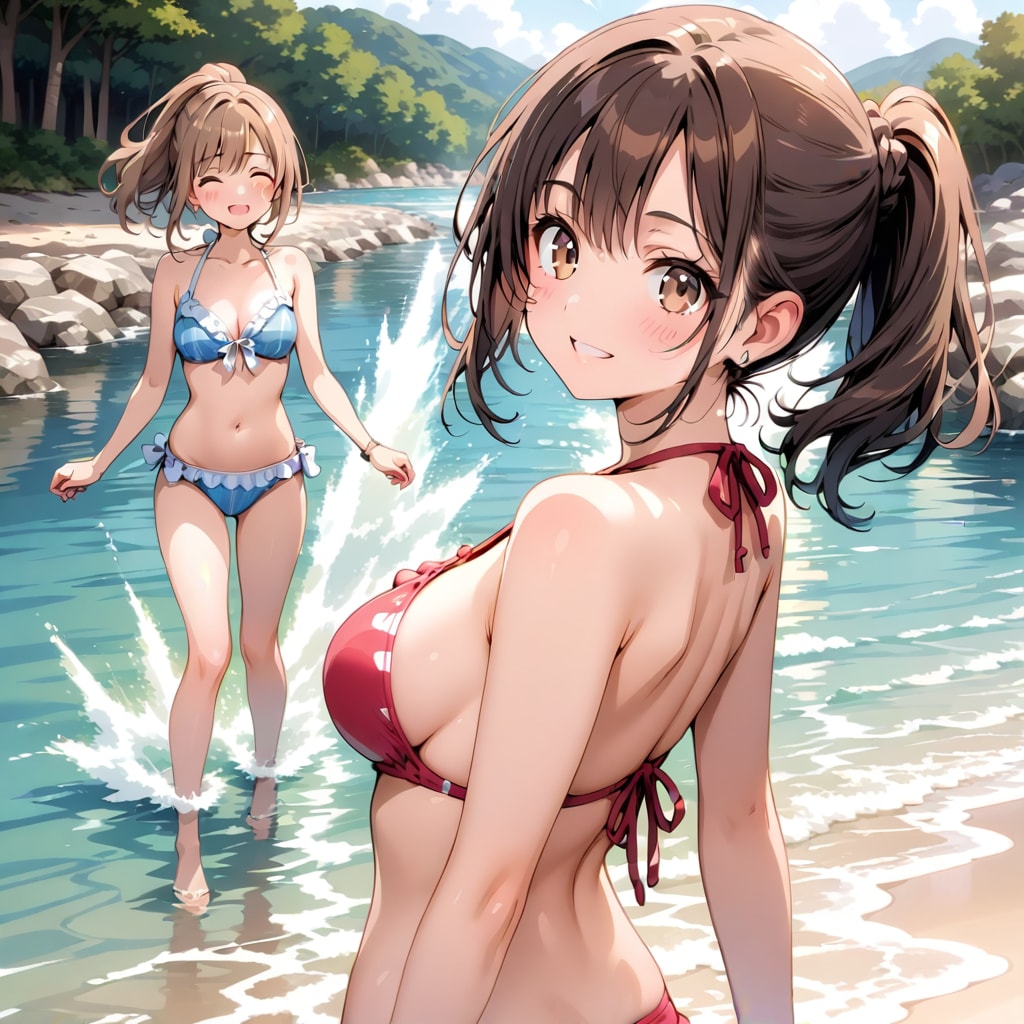 川で水遊び